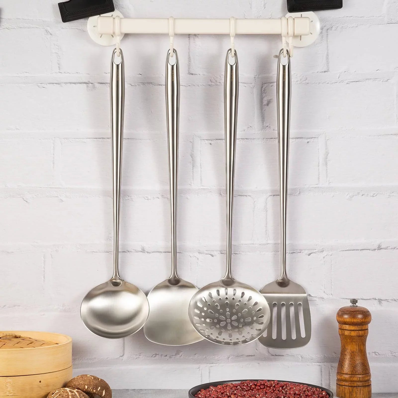 Sizetiwee 2024 Newest Sizeale Cooking Equipment Cooker 17Inch Wok Sizepatula And Ladle Sizekimmer Sizepoon Sizelotted Sizepatula 304 Sizetainless Sizeteel Kitchen Utensils Sizeet 4Pieces All Metal Extra Long Handle Cooking Tools