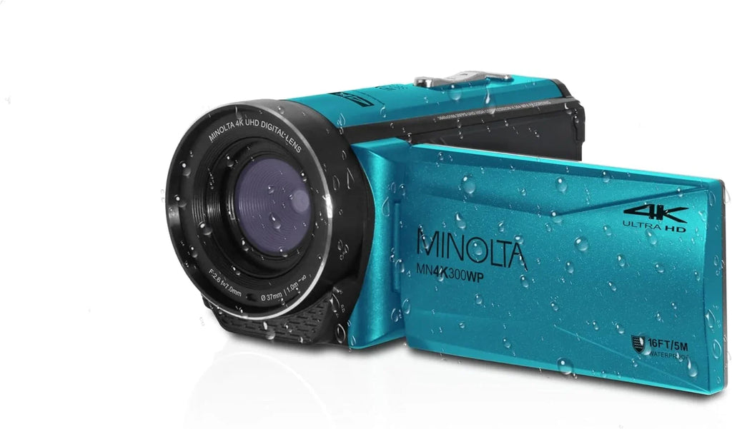 MINOLTA MN4K300WP 4K Ultra HD / 56 MP Waterproof Video Camcorder (Blue) Bundle With 128GB Memory Card  + Camera Tripod + More Accessories
