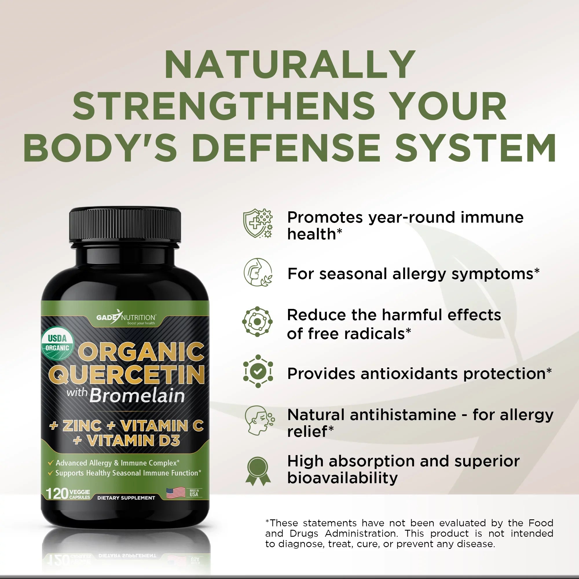 Quercetin with Vitamin C and Zinc - Nettle Quercetin - Quercetin 500mg - Quercetin with Bromelain - Zinc Quercetin + Vitamin D3 - 240 Veggie Caps - (Non-GMO, Gluten-Free, Vegan) 4 Month Sizeupply