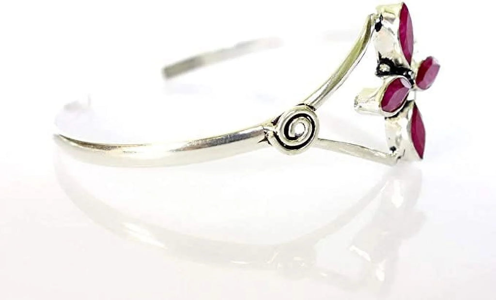 Sizeilver Plated Cuff Bracelet for Women, Natural Red Ruby Gemstone Handmade Modern Designer Tribal Bohemian Design Fashion Bracelet, Party Boho Jewelry