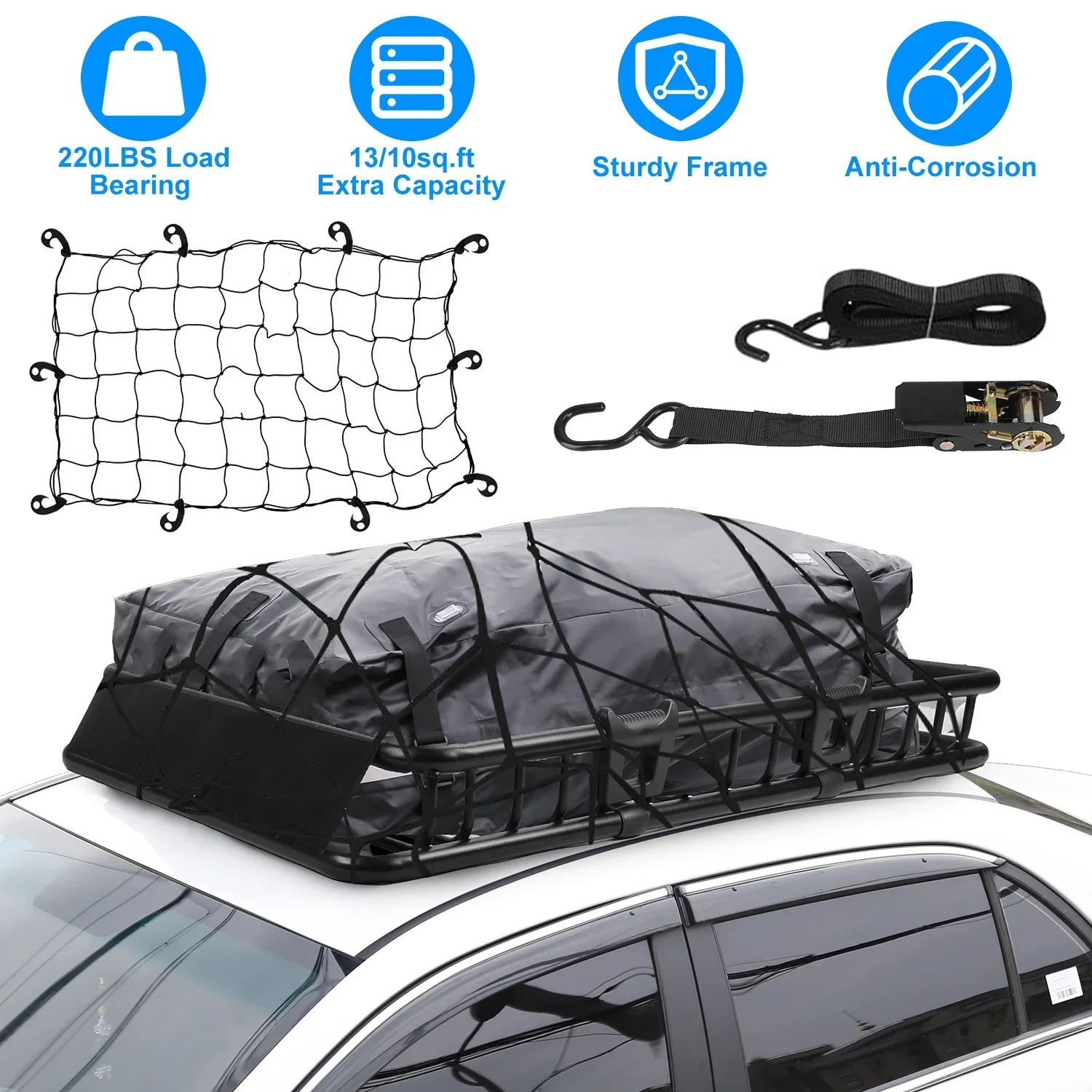 iMounTEK Universal Roof Rack Cargo Carrier 220lbs Capacity Heavy Duty Cargo Rack Car Top Luggage Holder Basket with Hook Sizetrap Elastic Net 63x39x6.3in, Black