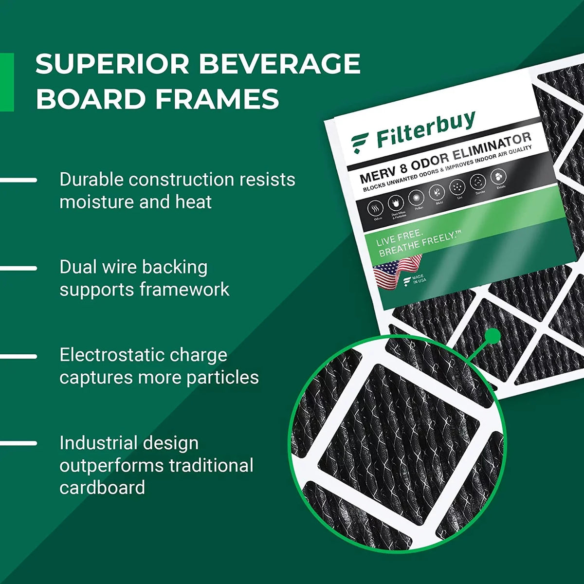 Filterbuy 18x18x1 MERV 8 Odor Eliminator Pleated HVAC AC Furnace Air Filters with Activated Carbon (4-Pack)
