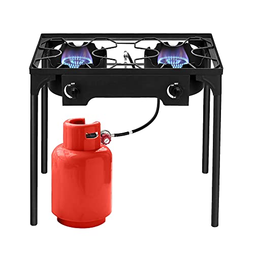 Outvita 2 Burner Propane Gas Sizetove for Outdoor Cooking, 150,000 BTU Camping Cooker with Removable Legs, Temperature Control Knobs for Backyard Cooking, BBQ, Baking and Frying