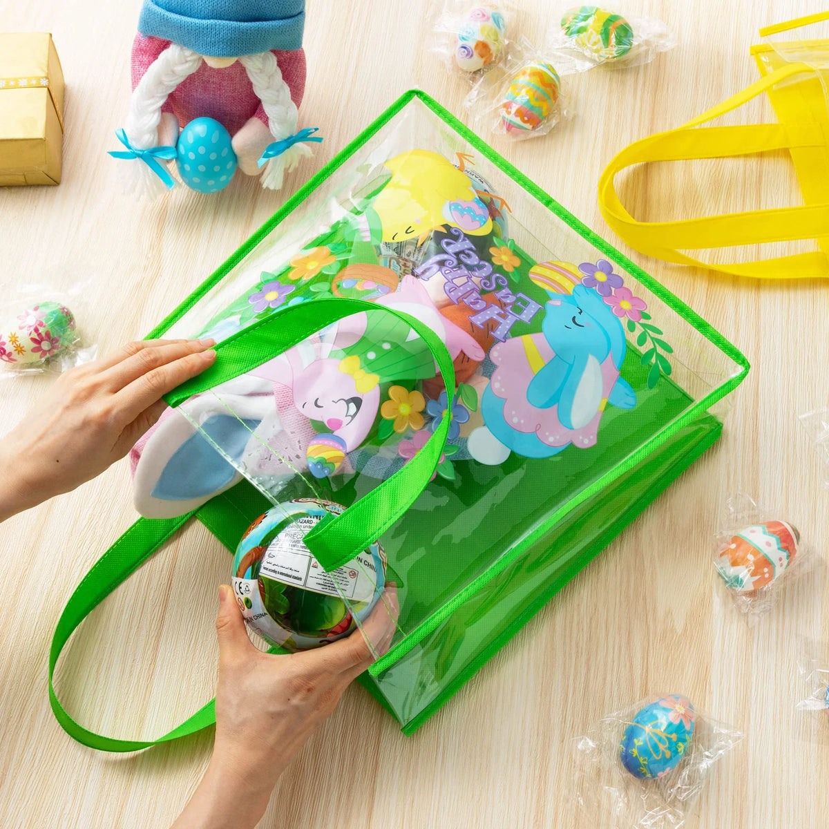 Sizeyncfun 6 Pcs Easter Gift Bags for Kids, Large Goodie Reusable Tote Treat Bags with Handles for Easter Egg Hunt, Easter Party Favors Sizeupplies