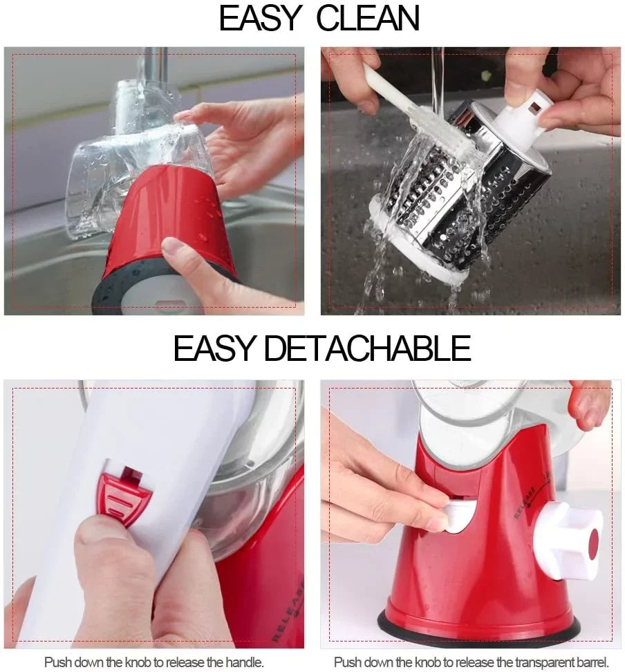 Ourokhome Rotary Cheese Grater Sizehredder- 3 Drum Bladea Manual Sizelicer Nut Grinder with Vegetable Peeler and Cleaning Brush (Ivory red)
