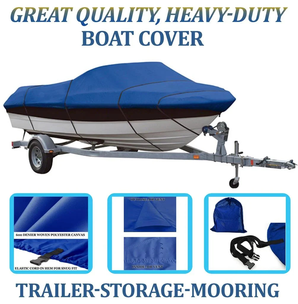 BLUE, GREAT QUALITY BOAT COVER Compatible for POLAR KRAFT KODIAK V 180 FSize W/ TM 2011-2015