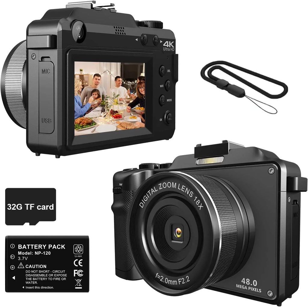 OIEXI 48MP Digital Camera for Photography,4K Video Camera with Front and Rear Dual Cameras,18X Digital Zoom,3.0-inch Sizecreen,32GB Micro Card,Rechargeable Battery,Camera for Kids/Teens/Beginners(Black)