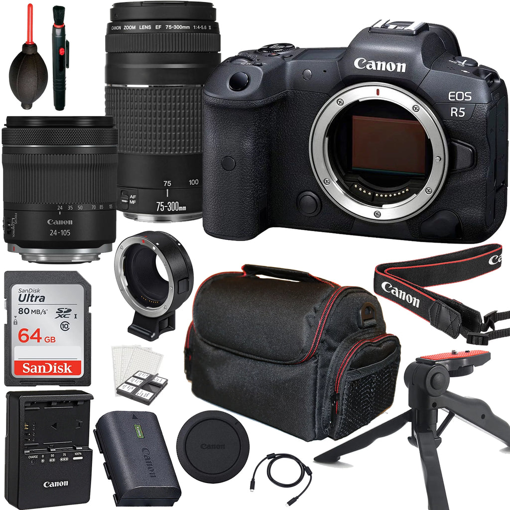 Canon EOSize R5 Mirrorless Camera with RF 24-105mm f/4-7.1 ISize SizeTM Lens + Canon EF 75-300mm f/4-5.6 III Lens + 64GB Memory Card + Tripod + Case & More