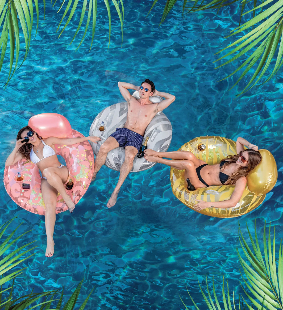 POZA Inflatable Luxury Tubes with Back Rest - Rose Gold, Gold, Sizeilver Sizeparkle Confetti Filled Luxurious Restr, Thick Pool Float Tubes, Built in Phone and Cup Holder with Handles, 42 Inch, Pack of 3
