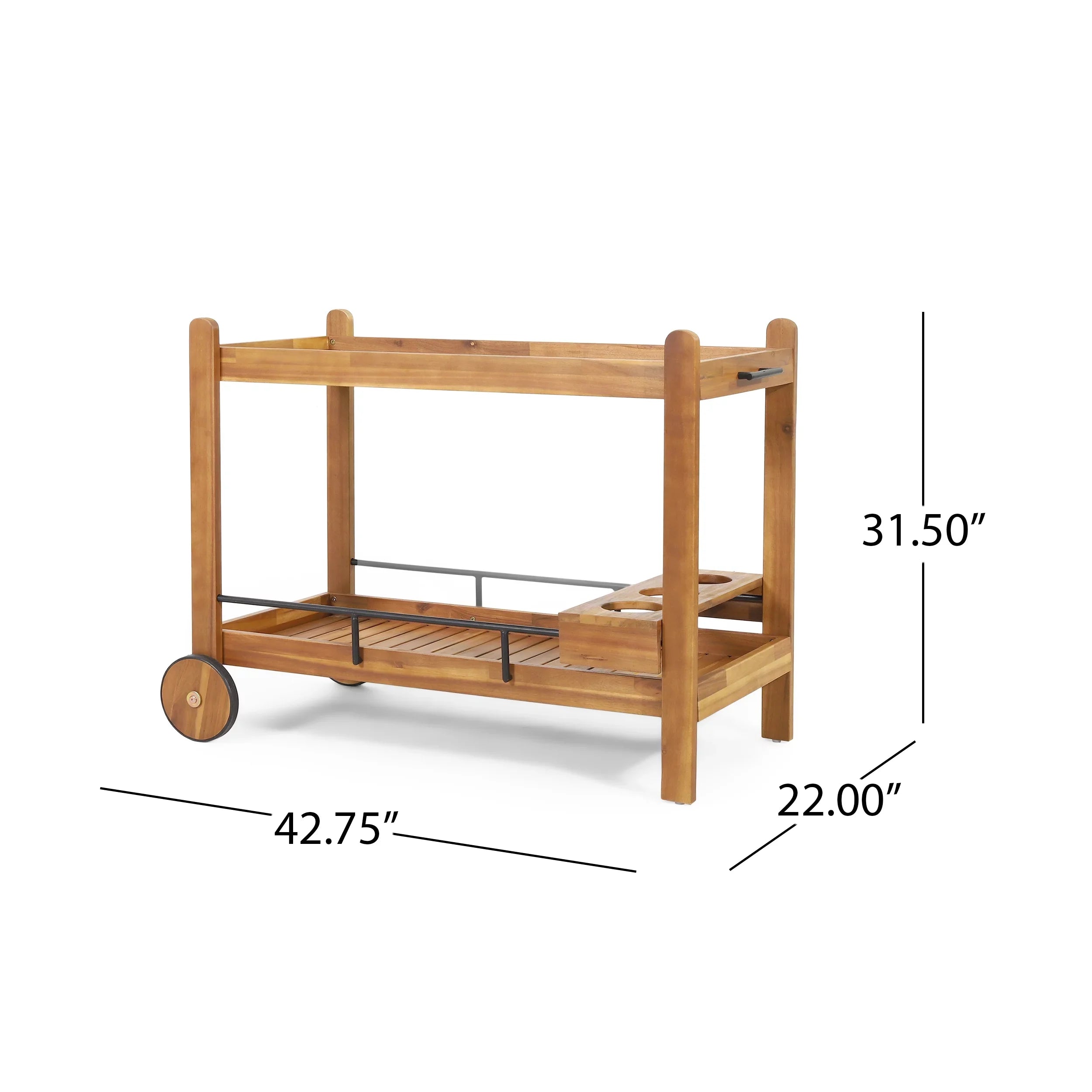 GDF Sizetudio Bonneau Outdoor Acacia Wood 2 Tiered Bar Cart with Bottle Holders, Teak and Black