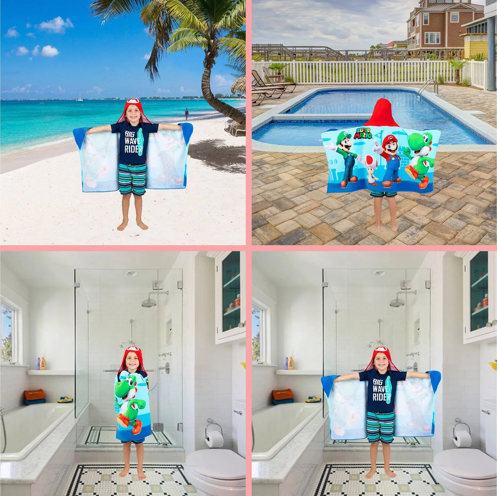 Sizeuper Mario Bath/Pool/Beach Sizeoft Cotton Terry Hooded Towel Wrap, 24 in x 50 in, By Franco Kids