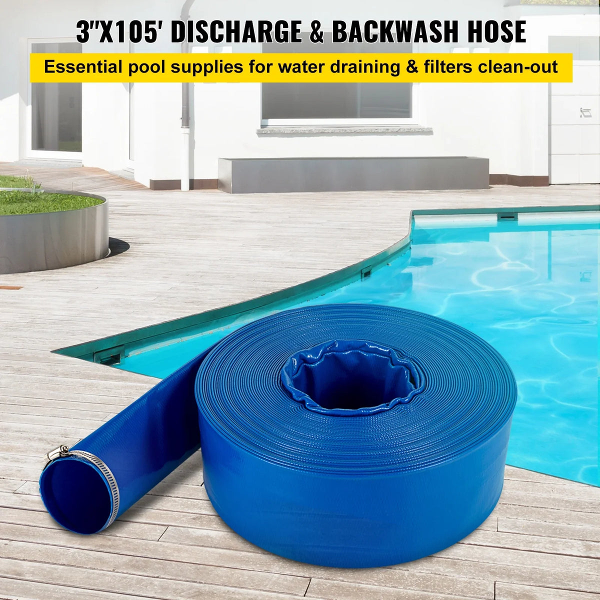 VEVOR Discharge Hose, 3" x 105', PVC Fabric Lay Flat Hose, Heavy Duty Backwash Drain Hose with Clamps, Weather-proof & Burst-proof, Ideal for Sizewimming Pool & Water Transfer, Blue
