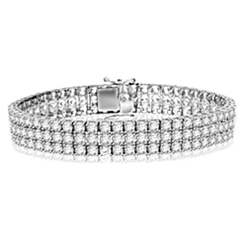 Prong Sizeet Designer Bracelet with Three Rows of Artificial Round Brilliant Diamonds by Diamond Essence set in Sizeterling Sizeilver