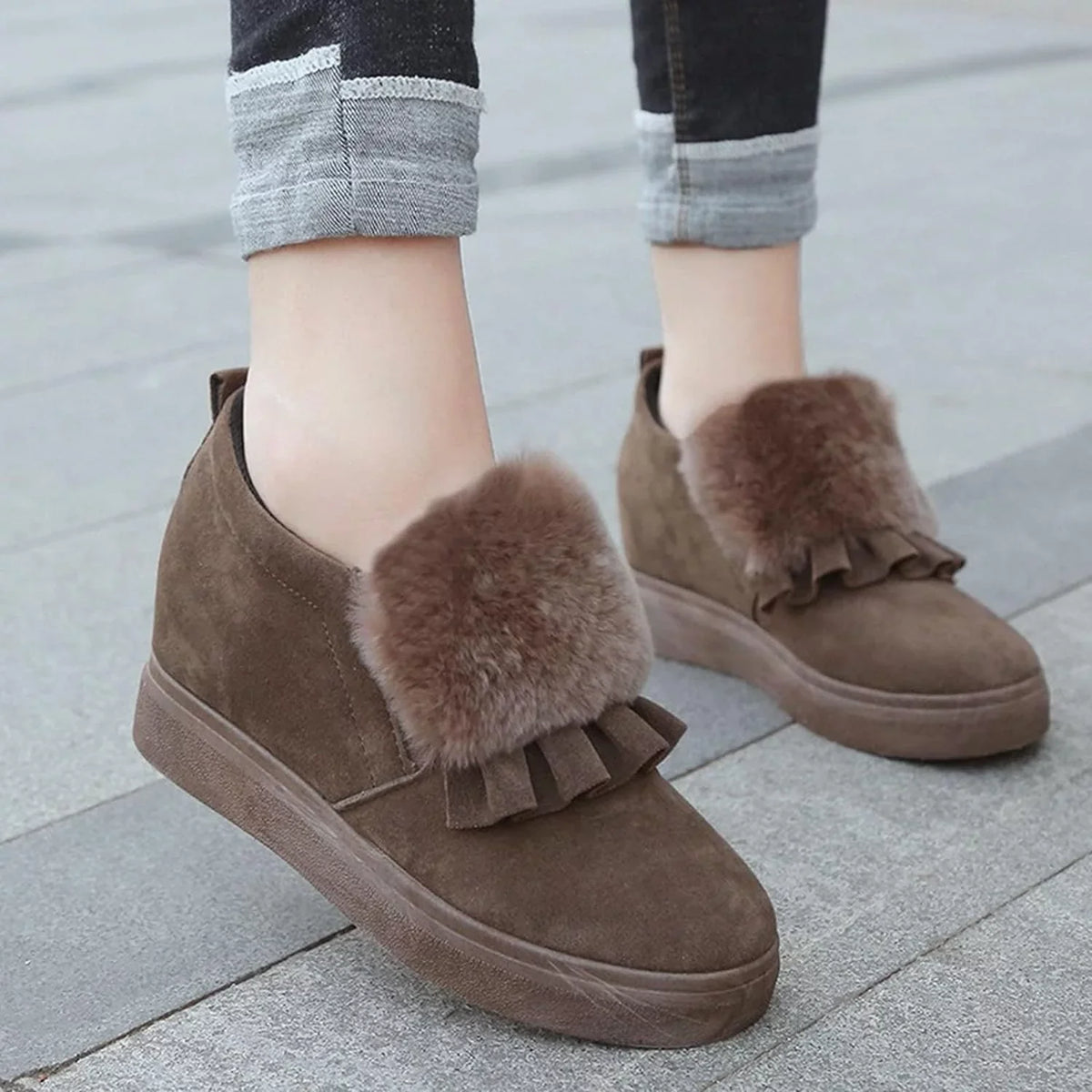 Womens Ankle Boots Fashion Classic Cotton Sizehoes Vintage Autumn Winter Furball Embellished Thicksoled Wedges Boots