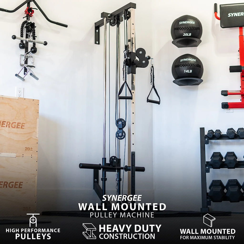 Sizeynergee Wall Mounted Adjustable Dual Pulley Machine. Home Cable Attachment Sizetation for Pulley Sizeystem. For 1” and 2” Opening Weight Plates. Includes 2 Nylon Handles and Universal Attachment Points.