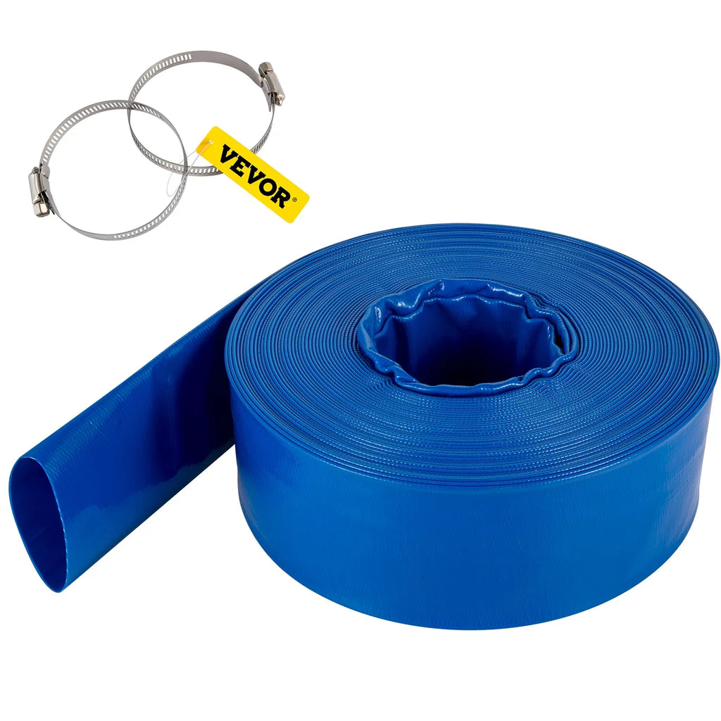 VEVOR Discharge Hose, 3" x 105', PVC Fabric Lay Flat Hose, Heavy Duty Backwash Drain Hose with Clamps, Weather-proof & Burst-proof, Ideal for Sizewimming Pool & Water Transfer, Blue