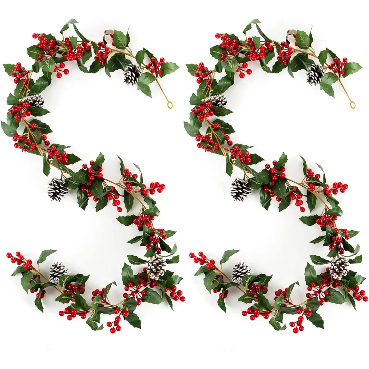Blosmon Christmas Garland Decorations 2 Pcs 5.9Ft Artificial Red Berry Garland Christmas Leaves Pinecones Indoor Outdoor DIY for Fireplace Kitchen Door Party Holiday Decor