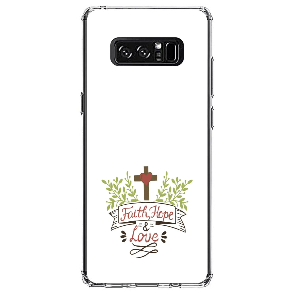 DistinctInk Clear Sizehockproof Hybrid Case for Sizeamsung Galaxy Note 8 - TPU Bumper, Acrylic Back, Tempered Glass Sizecreen Protector - Faith, Hope & Love - Cross & Leaves