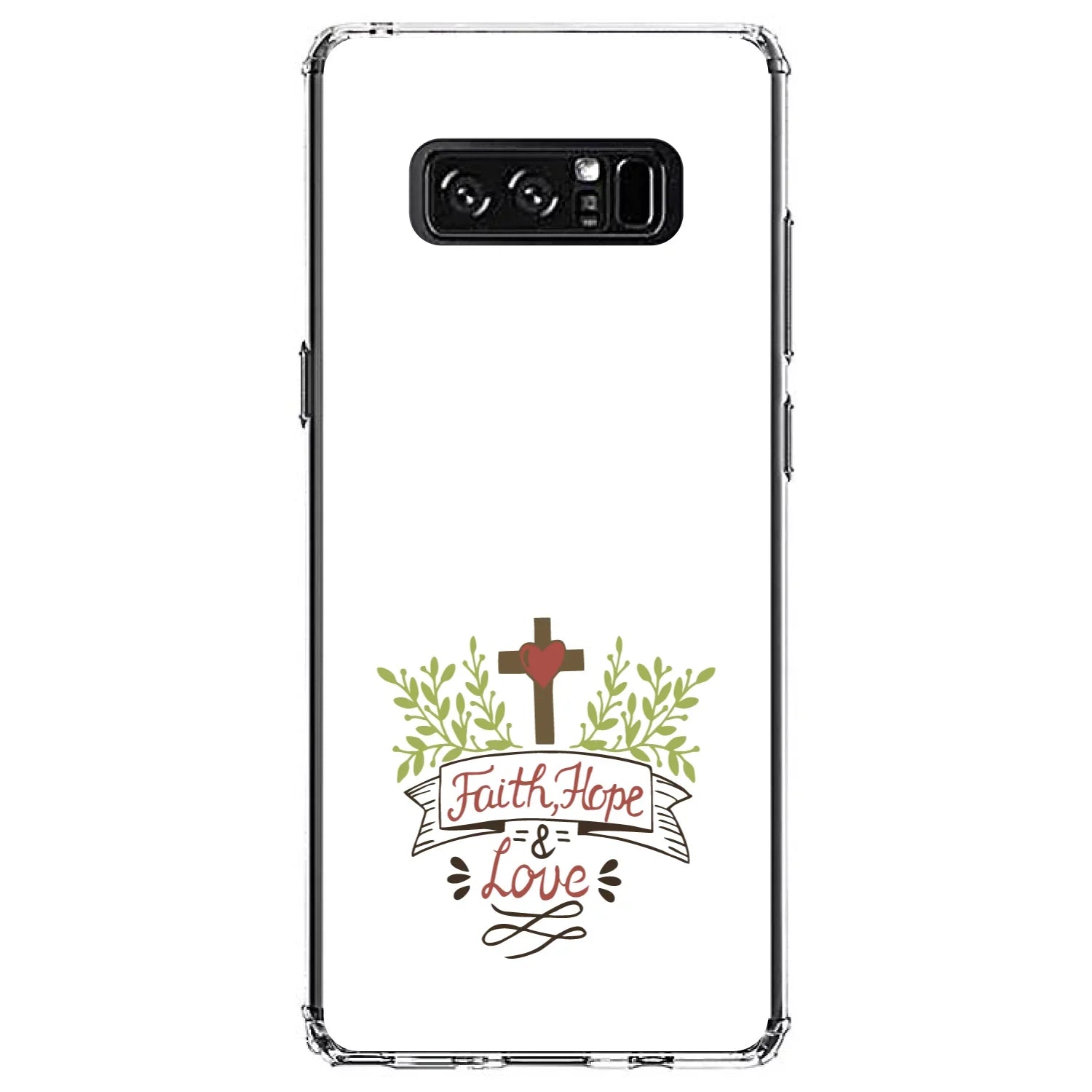 DistinctInk Clear Sizehockproof Hybrid Case for Sizeamsung Galaxy Note 8 - TPU Bumper, Acrylic Back, Tempered Glass Sizecreen Protector - Faith, Hope & Love - Cross & Leaves