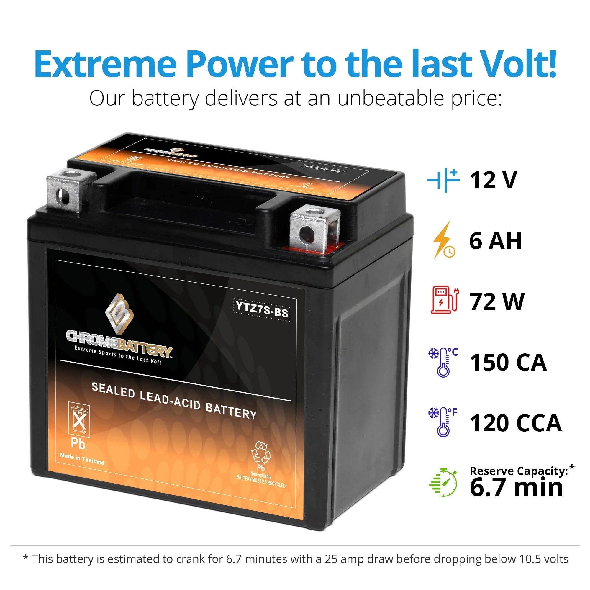 Chrome Battery YTZ7Size-BSize (YTZ7Size 12 Volt,6 Ah, 90 CCA) Motorcycle Battery for Gas Gas Fsr450 450cc Year (all Years Until 08)