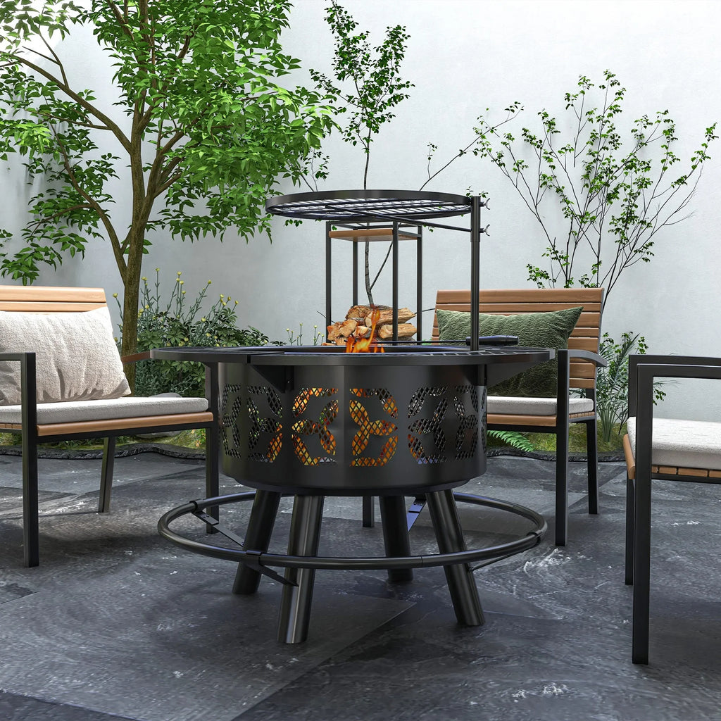 Capri 33" Outdoor Fire Pit BBQ Grill Wood Burning Firepit with Adjustable Cooking Grate and Poker, Round, for Backyard, Patio, Picnic, Black