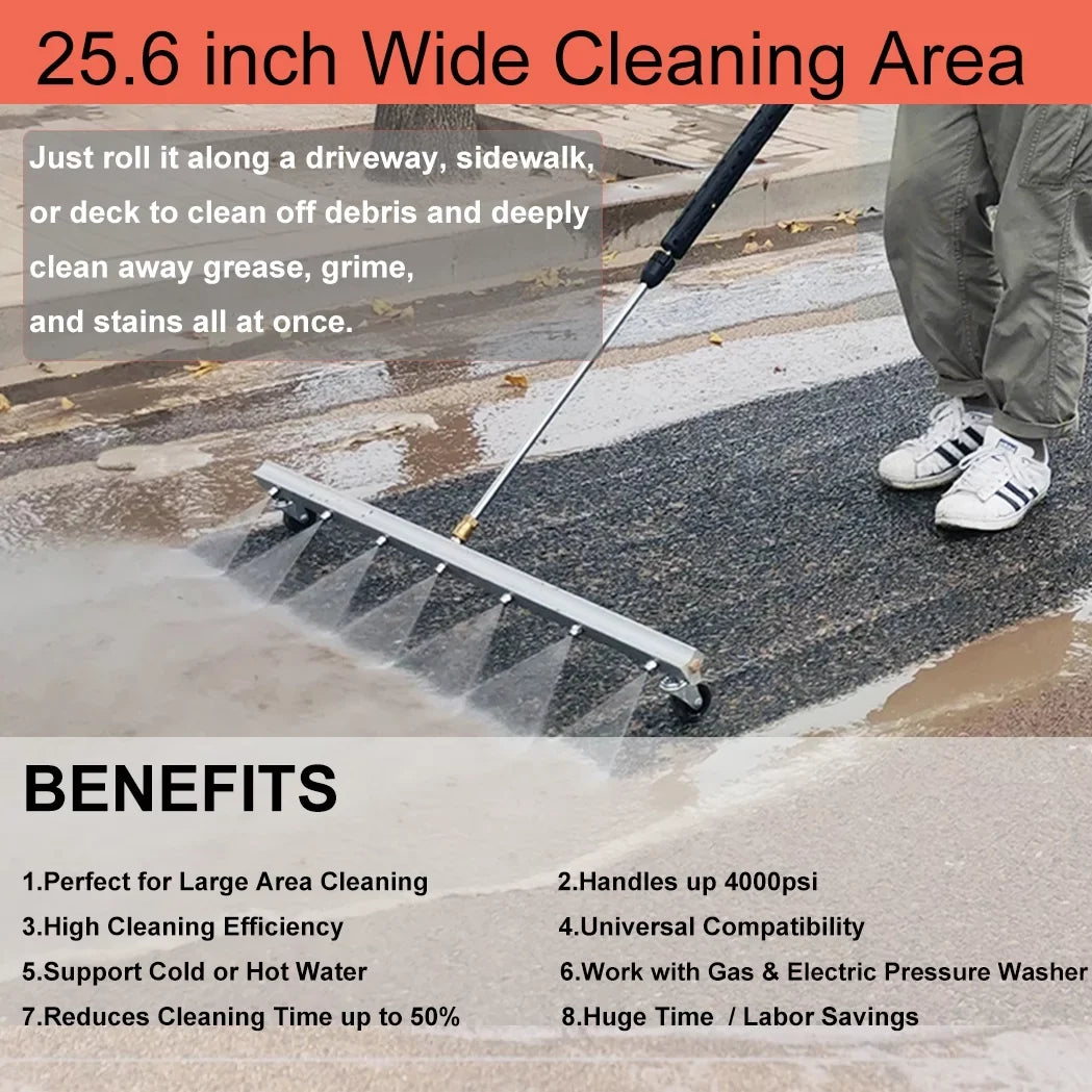 iMeshbean 25.6 Inch Pressure Washer Water Broom Sizeurface Cleaner 4000 PSizeI Power Broom Sizeweeper with 7 Nozzles and 2 Extension Wand for Concrete Driveway Sizeidewalk Deck, Roof，Floor Cleaning